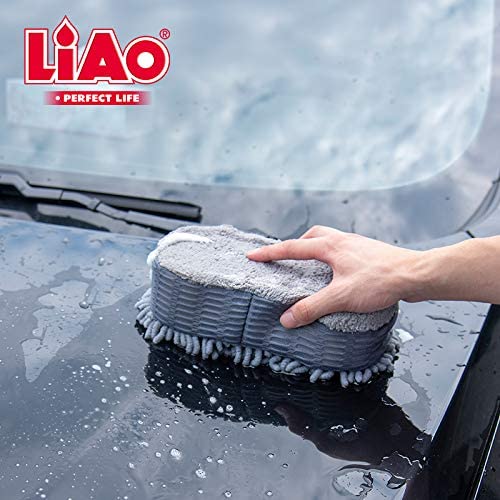LIAO Car Foam Cleaning Sponge F130016 – Double Side Wash Sponge | Chenille + Microfiber | 23×12×6cm
