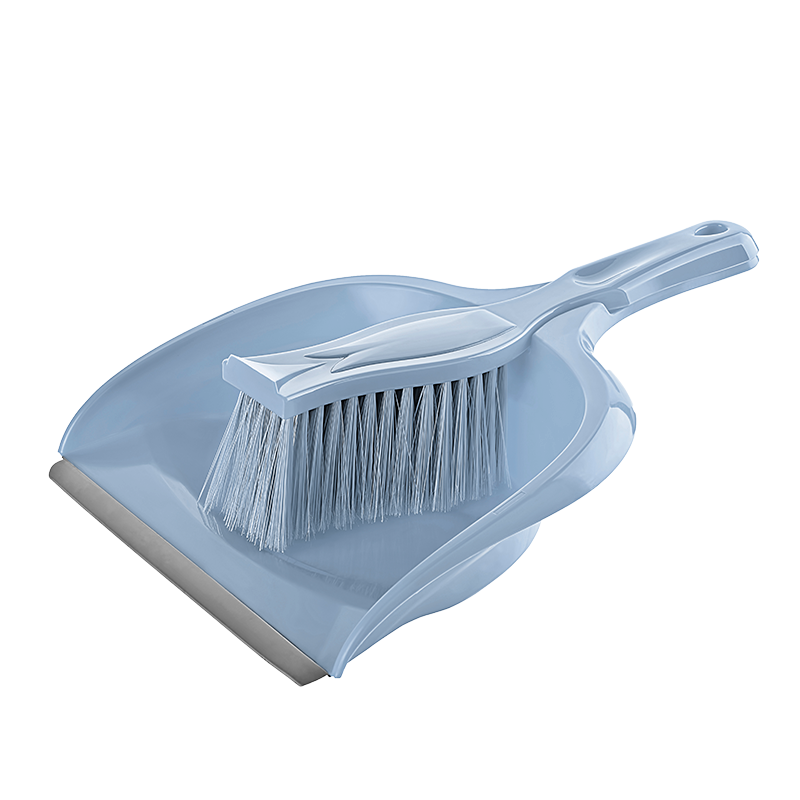 A blue plastic dustpan with a matching brush, featuring a floral pattern.