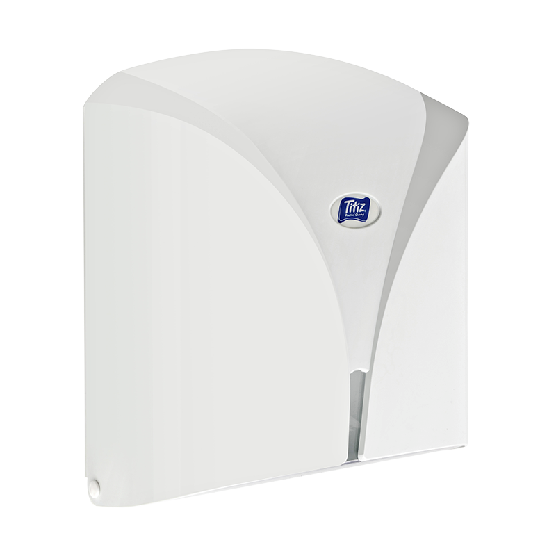 Wall-mounted white toilet paper holder with a minimalist design.