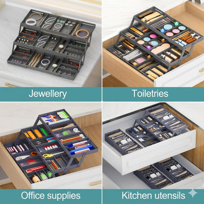 Multi-Level Foldable and Expandable Smart Drawer Organizer Storage Box - Adjustable Grids for Jewelry, Cosmetics, Cutlery & Office Items – Space-Saving Drawer Divider