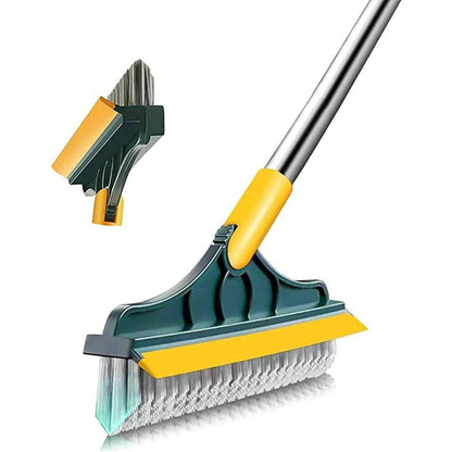 A 2-in-1 rotating floor scrub brush with a green, yellow, and black color scheme, featuring a long metal handle.