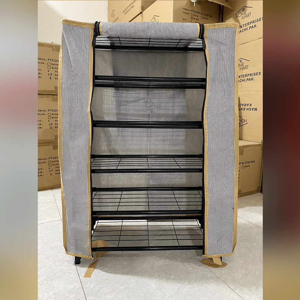 A 5-layer shoe organizer with a dustproof cover, made of metal and plastic, displayed in an upright position.