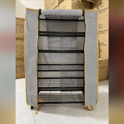 A 5-layer shoe organizer with a dustproof cover, made of metal and plastic, displayed in an upright position.