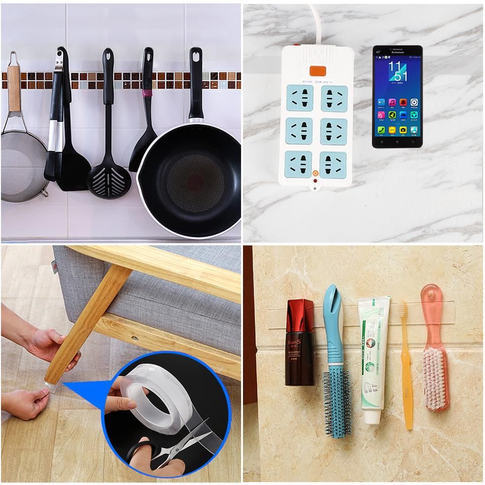 A collage of images showing various uses of a clear double-sided adhesive tape. It appears transparent and is used for mounting items like kitchen utensils, a mobile phone, and for repair purposes.