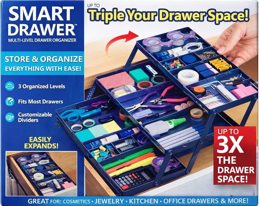Multi-Level Foldable and Expandable Smart Drawer Organizer Storage Box - Adjustable Grids for Jewelry, Cosmetics, Cutlery & Office Items – Space-Saving Drawer Divider