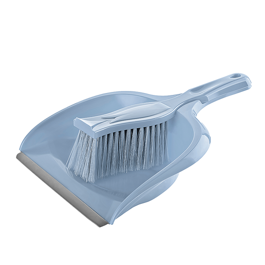 A blue plastic dustpan with a matching brush, featuring a floral pattern.