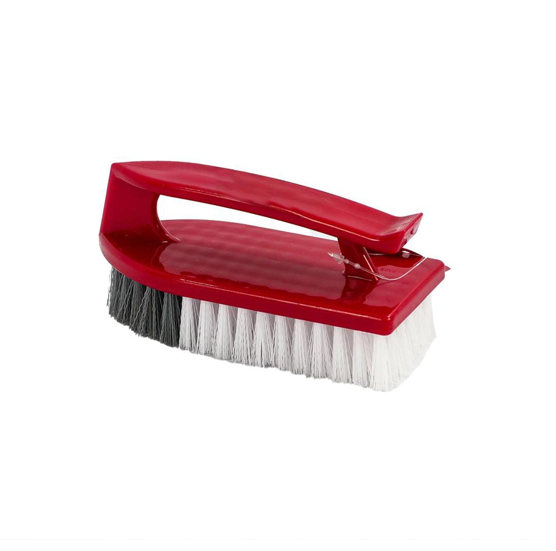 A red and black grout tile cleaning brush with stiff nylon bristles and an ergonomic handle.