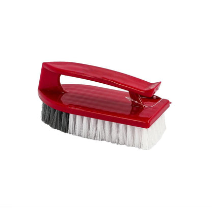 A red and black grout tile cleaning brush with stiff nylon bristles and an ergonomic handle.