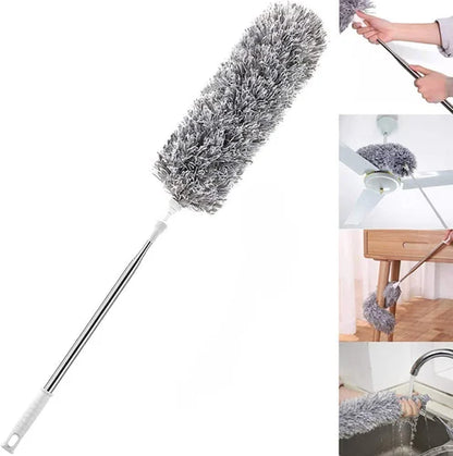 Micro fiber duster with a silver stainless steel extendable handle, shown in use cleaning dust from a fan and a kitchen appliance.