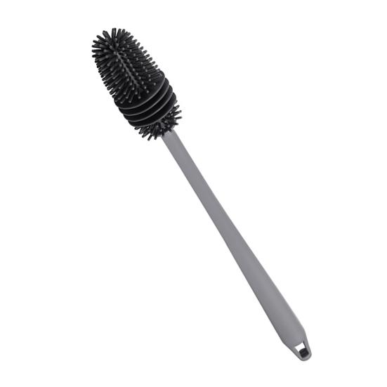 A silicone bottle cleaning brush with a long handle and a flexible, slender brush head with black bristles.