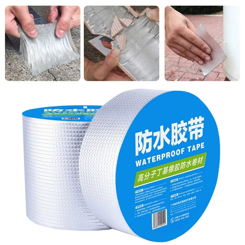 A roll of waterproof sealant tape with a reflective silver surface, accompanied by images demonstrating its use in sealing and repairing various surfaces.