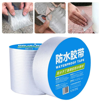 A roll of waterproof sealant tape with a reflective silver surface, accompanied by images demonstrating its use in sealing and repairing various surfaces.