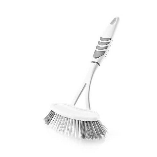 A white Softon sink and bathtub brush with a long handle and durable bristles designed for cleaning.