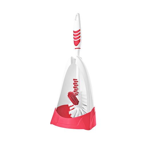 A Softon toilet brush set with a white handle and red brush, including a matching white and red dustpan.