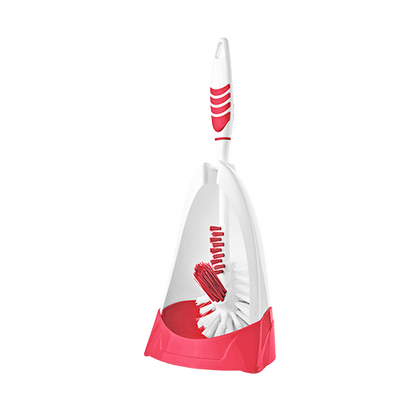A Softon toilet brush set with a white handle and red brush, including a matching white and red dustpan.