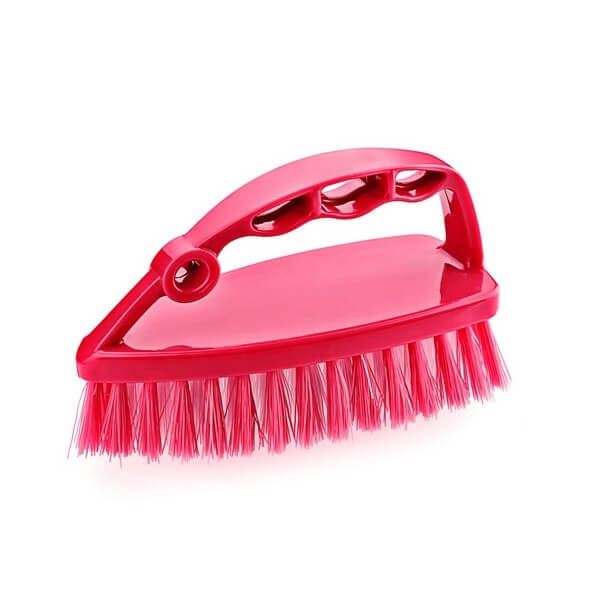 A red Swan Brush with ergonomic handle and tough bristles for cleaning carpets and other fabric surfaces.
