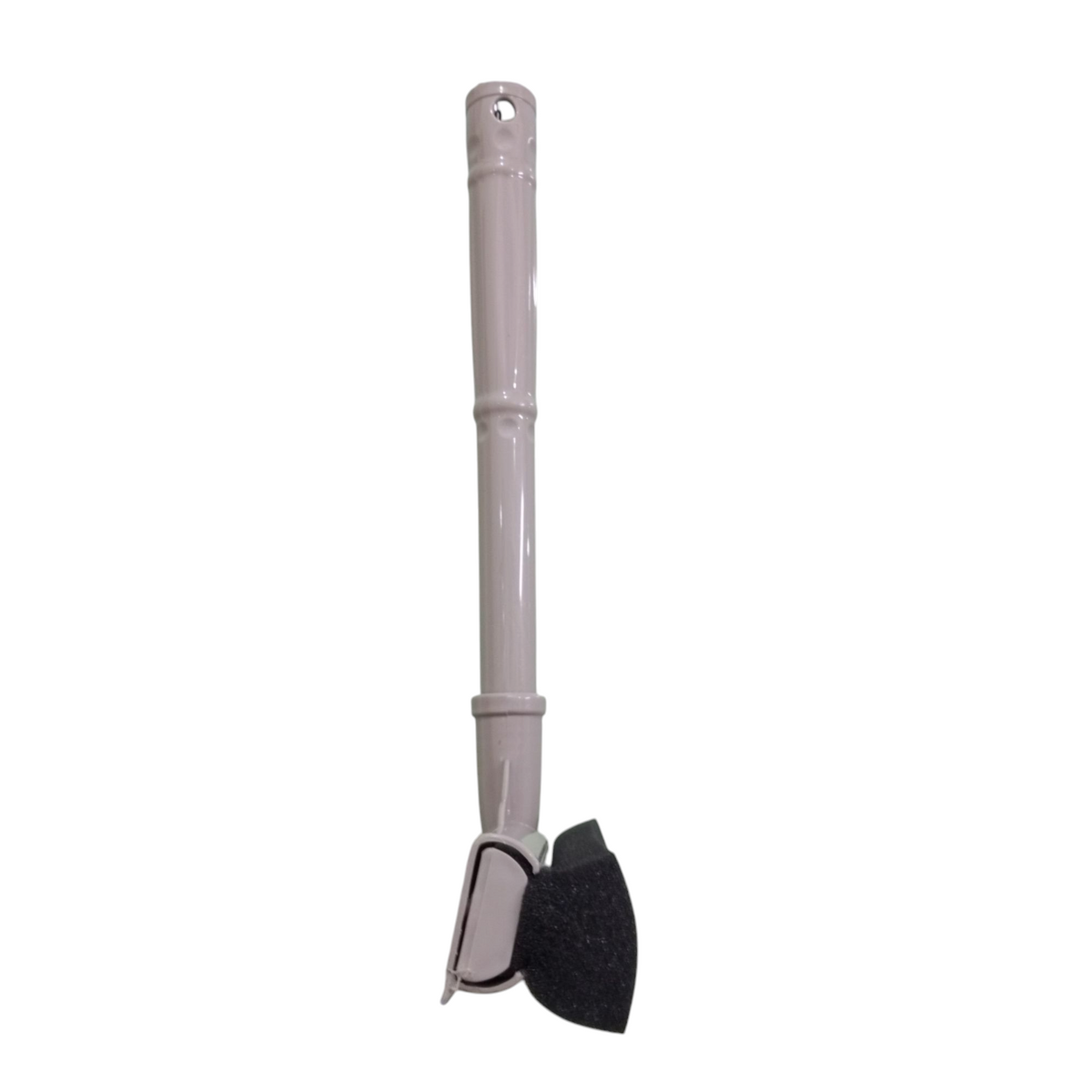 Cleaning tool with a long handle and black brush head on a white background