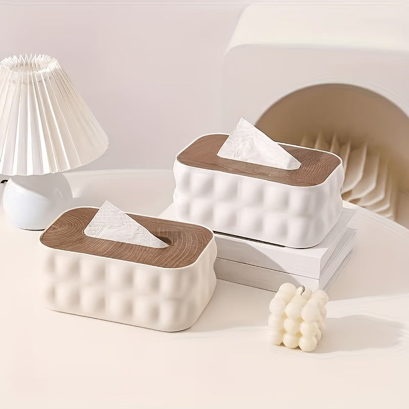 Bubble Tissue Box - White with Wooden Top - 8.5x5.5x3.5 Inches