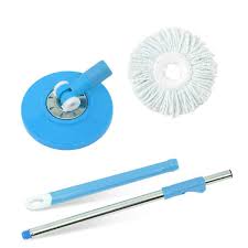 Cleaning tool set with blue base, white brush, and white mop head on a white background